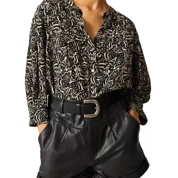 ba&sh Lio Pintucked Shirt Abstract Blouse 100% viscose half sleeves Size 2 - Picture 15 of 16